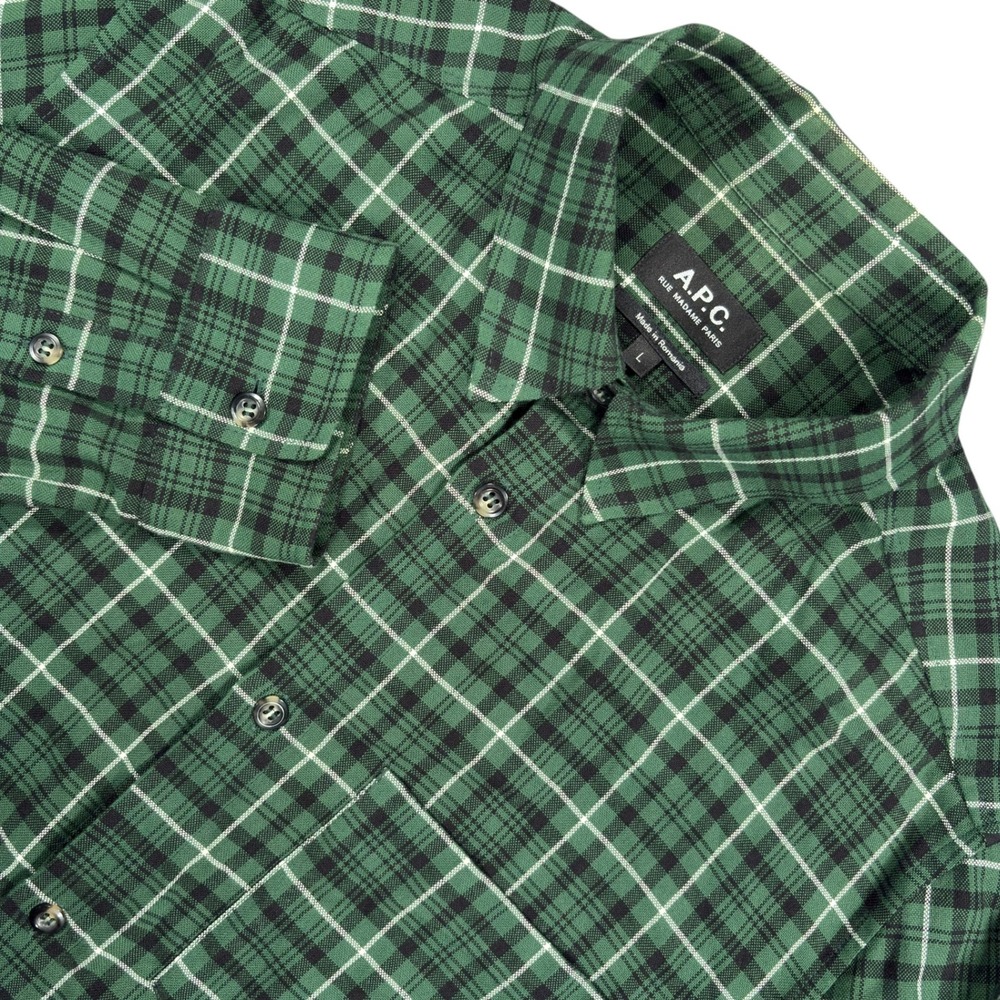 APC Button Up Flannel Shirt Mens L Green Plaid 100% Cotton Long Sleeve